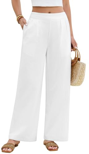 PASUDA Pantalon Fluide Femme Été Coton Chic Leger Large Taille Elastique Décontractés en Tissu Confortables Plage avec Poche (Blanc, S)