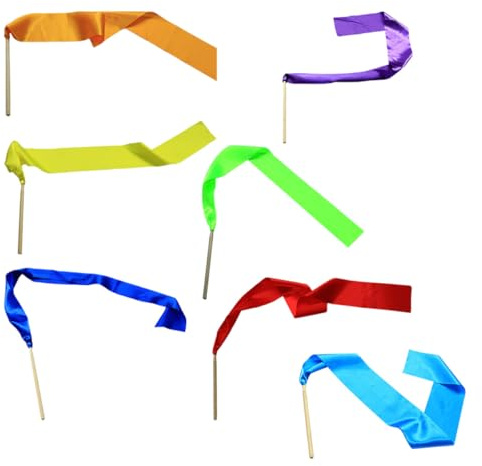 BUGUUYO Set da 7 Nastri da Ballo in Stoffa Colorati per Ginnastica Ritmica e Danza, Nastri Ritmici Bastoncini in Legno per Allenamento e attività Artistiche