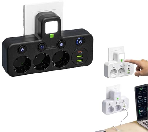 Trådlöst grenuttag, med nattlampa multifunktionell adapteruttagslist, enkel strömbrytarkontroll, 2/3/4/5 kortplatser 2 Type-C 1 USB-port (3 uttag, svart)