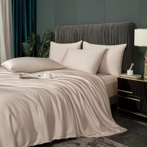 Luofanfei Housse de Couette 220x240 Beige Lyocell Bambou Parure de lit Unie 2 Personnes Soie Lisse Soyeux Brillant Adulte Uni Ensemble Literie avec Fermeture éclair et 65x65cm Taies d'oreiller