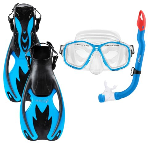 Two Bare Feet Snorkel, Mask and Fins/Flippers PVC Diving Set (Kids) With Anti Fog and Wide View Mask, Anti-Leak, Tempered Glass- Scuba Dive Snorkelling Sets (S-M Childs 9-13, Aqua)