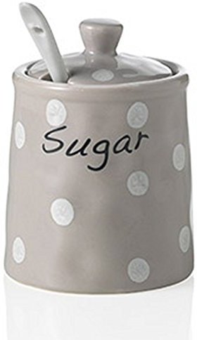 TxT Zuccheriera con cucchiaino in ceramica grigio con pois bianchi 7x7x9h cm