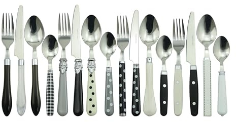 The Original Brink House Eclectic Black & White Mix & Match Stainless Steel Cutlery Set / 16 pieces with Metal Stand/Lifestyle utensils set for home, first apartment, dorm, dinner parties
