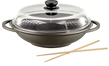 Berndes Classics Wok Bonanza 32 cm, Wokpfanne mit Glasdeckel und Stäbchen, 3-lagiger Antihaftversiegelung und Holzgriff, robuster Aluguss, antihaft beschichtet, grau