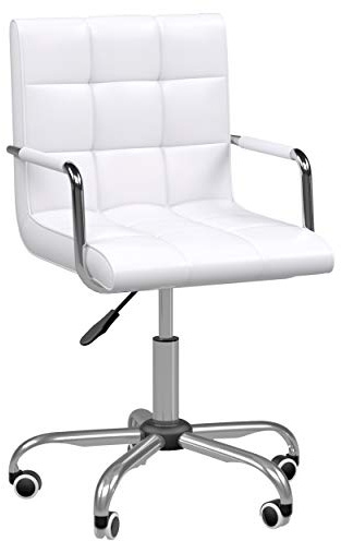 HOMCOM Sedia da Ufficio in pelle PU Bianca con 5 Ruote Girevoli, Imbottitura e Altezza Regolabile, 52.5x54x84-99cm