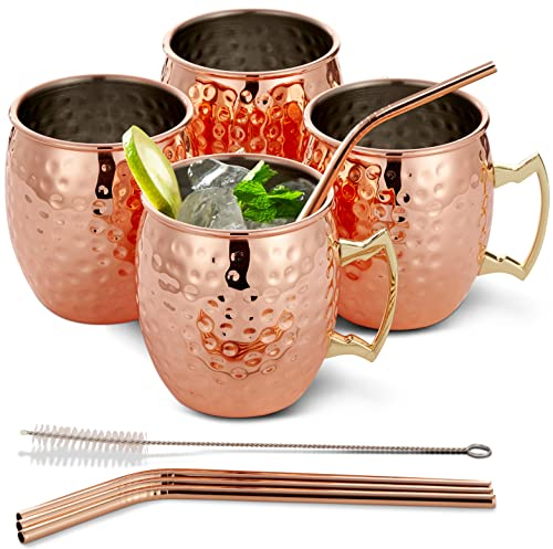Oak & Steel - Confezione da 4 Esclusivi Bicchieri Moscow Mule in Rame con Spazzola in Acciaio Inossidabile e Cannuccia per Bevande Fredde
