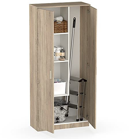 MUEBLES PITARCH | Armario Escobero Multiusos 2 Puertas para Limpieza, cocinas, galerias, 4 Huecos, un Estante Regulable, 180x80x35cm cm(Alto x Ancho x Fondo) Roble Cambrian, Colección Tibet