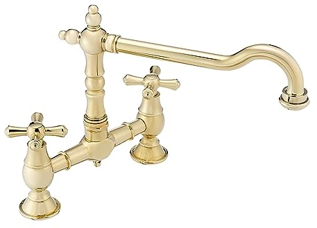 ENKI KT114 Langley Double Bowl Traditional Kitchen Tap, English Gold | Solid Brass, Swivel Spout, Kitchen Sink Tap, Swan Neck, Farmhouse Kitchen