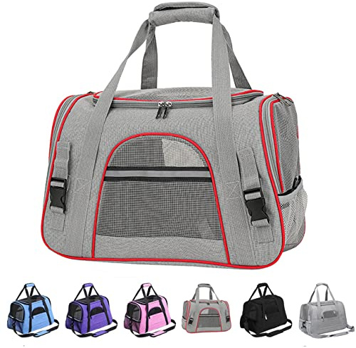 KJSXUUE Transportbur för katt, transportbur hund, mjuk och vikbar bärbar transportbur för husdjur, kan bäras för hand, över axeln eller crossbody (gråröd.)
