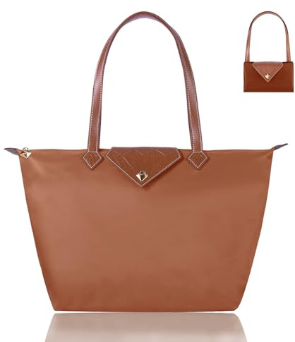 BOJLY Women Tote Bag,Stylish Waterproof Nylon Ladies Shoulder Bag, Folding Beach Travel Bag for Work,Shopping, Russet Large