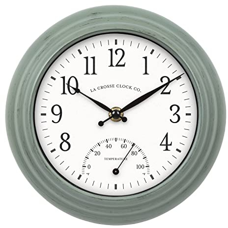 La Crosse Clock 433-3020 8-inch Indoor/Outdoor Sage Green Quartz Wall Clock with Temperature