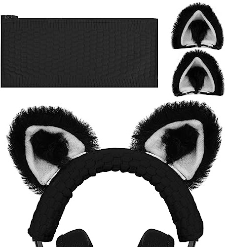 Geekria NOVA Knit Fabric Headband Cover+Cat Ears Attachment Set Compatible with Razer, SteelSeries, HyperX, Sennheiser, ASTRO, Sony, Logitech, ATH Headphones (Black/White)