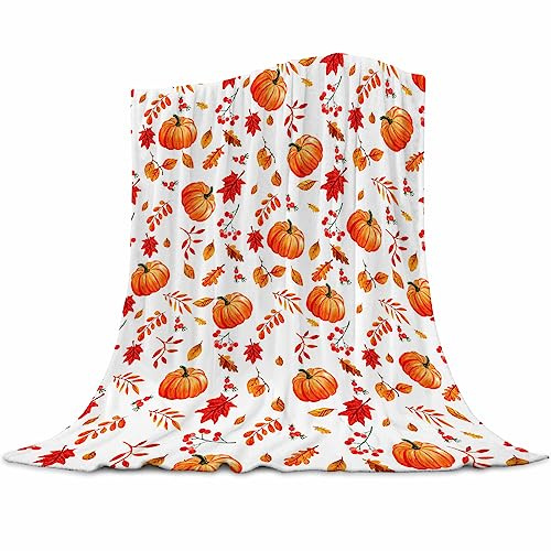 Weiche Herbst-Überwurfdecke mit Kürbissen und Ahorn, gemütliches Flanell-Fleece, Luxus-Dekorationsdecke für Bett, Sofa und Couch, Herbstdekorationen für Zuhause, 130 x 150 cm