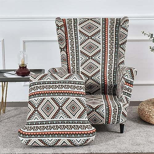 Hiseng Ohrensessel Überzug Stretch 2-Teilig, Sessel-Überwürfe Ohrensessel Schonbezüge Bezug, Modern Elastisch Sesselhusse Universal Tiger Stuhlbezug mit Armlehne Hohe Rückenlehne (Vintage Boho)