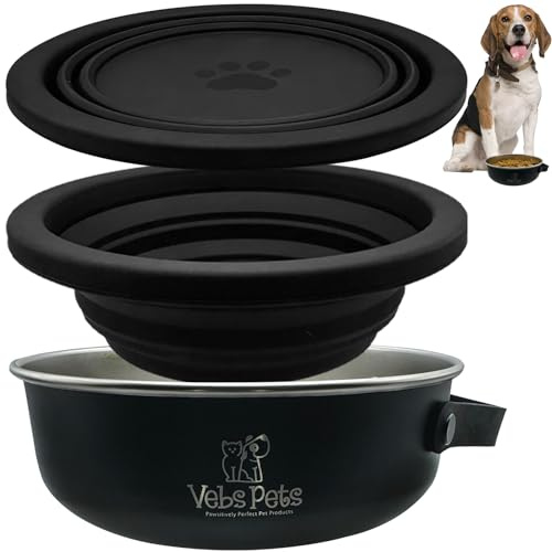 Vebs Pets - Edelstahl-Hundenapf, 850 ml, mit faltbarem Napfdeckel, 590 ml mit Griff, auslaufsicher, rutschfest, Futter- und Wassernäpfe für Hunde und Katzen, mittelgroße Hunde, tragbarer Reisehund