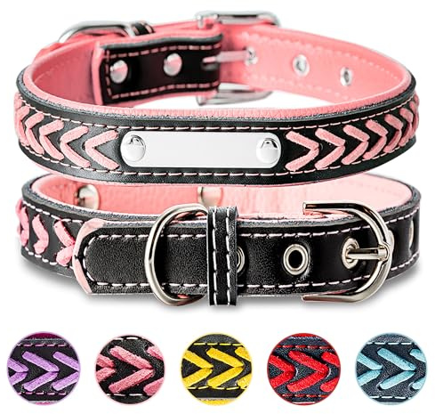 Buruslove Geflochtenes Leder Hundehalsband mit Gravur – Personalisiertes Halsband in Rosa mit Namensschild, verstellbar und weich, für mittlere und große Hunde, Größe L