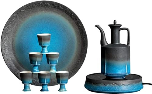 Sake Set with Electric Warmer Pad, Traditional Pottery Hot Saka Set 9-Piece Including Electric Thermostat, Sake Pot, Sake Cups and Tray