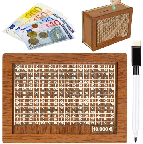 Spardose aus Holz - spardose mit zähler für 10000 Euro, Wiederverwendbare Spardose mit Sparziel und Zahlen zum ankreuzen, Retro Sparbüchse Aufbewahrungsbox für Erwachsene und Kinder