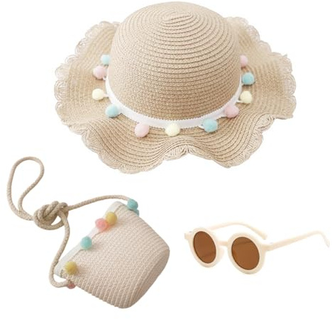 Children's and Women's Straw Sun Hat Set - Beach Summer Collection With Small Bag and Sunglasses, Beige