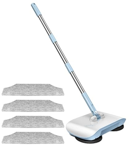 VALINK Barredora de alfombras, barredora de suelos, barredora manual giratoria 2 en 1, herramienta de limpieza para el hogar, herramienta de limpieza para barrer, trapear, azul, 4 paños