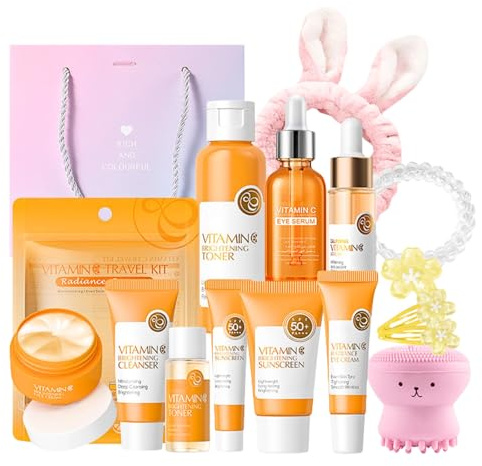 Vitamin C Skincare Set for Teenage Girls Gifts, Girls Pamper Sets for Women, Intensive Moisture Travel Teen Skin Care Sets & Kits, Hydrates, Brightens, Soothes, Gentle on Sensitive Skin, 15PCS