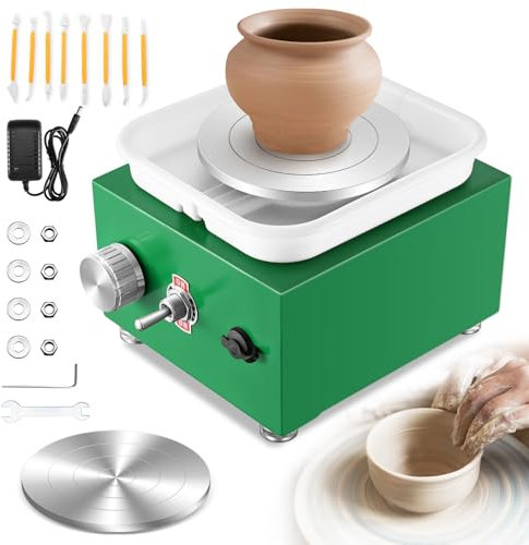Töpferscheibe, Kooeuru Töpferscheibe Elektrisch 2000 U/min Einstellbare Geschwindigkeit, Pottery Wheel mit 10/6,5 cm Großen Platten, Formwerkzeugen, Töpferscheibe Kinder und Erwachsene (Grün)