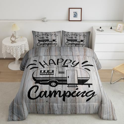 Loussiesd Camper Bettdecke Happy Camping Steppbett 135x200cm für Jungen Mädchen Kinder RV Camping Holz Steppdecke Zimmer Dekor Cartoon Camping Auto 4-Jahreszeiten Bettdecke 2Stück