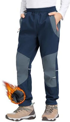 Zoofly Pantalon Ski Enfant Pantalon Thermique Enfant Polaire Impermeable pour Garçons et Filles Hiver Extérieur, Bleu foncé/Gris 152-158