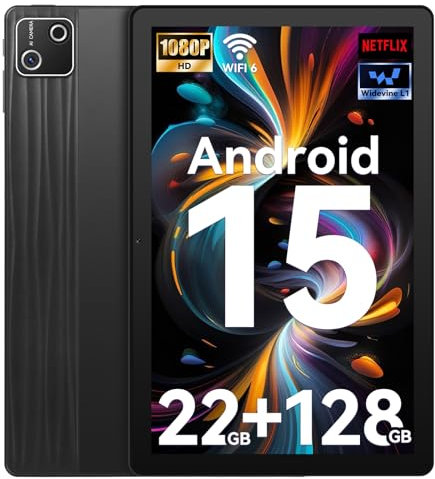 Whitedeer Tablette 10 Pouces - Tablette Android 15 Octa Core 22GB RAM + 128GB ROM + 1TB Micro SD avec WiFi 6, Widevine L1, Batterie 6200mAh, Tablette Tactile et Transfert OTG, Noir