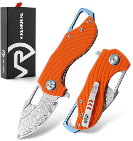 VR VIRENKNIFE Damast Taschenmesser mit Clip, Scharfes Damaststahl Klappmesser, Klappmesser mit G10 Griff und Flipper, EDC Messer Einhandmesser für Camping Wandern, Orange