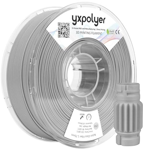 YXPOLYER Nylon Glasfaser Filament PA6 GF 1,75 mm 1kg Nylon-GF Schwarze, 10% glasfaserverstärkt, färbbares 3D-Druckmaterial für Industrie & Technik mit wiederverwendbarer PC-Spule