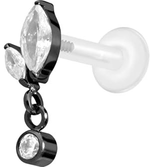 PIERCINGLINE PTFE Labret Ohrpiercing mit 0,9 mm Gewinde + Titan-Aufsatz KNOSPE + KRISTALL Schwarz 1,2 x 5 mm