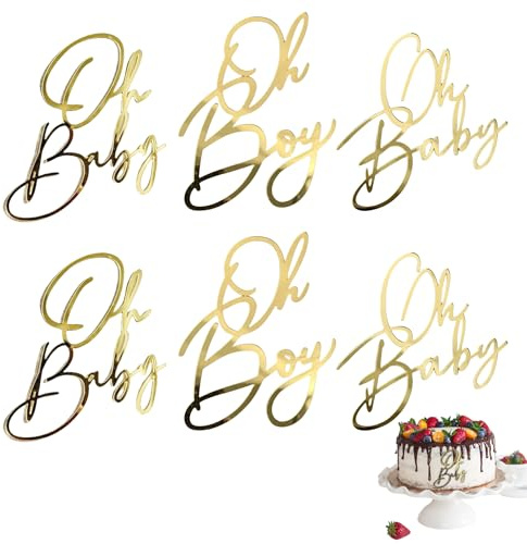 6 Stück Oh Baby Cake Topper,Babyparty Deko,Kuchen Topper Babyparty Tortendeko Gold Acryl,Boy or Girl Dusche Caketopper Personalisiert,Windeltorte Gender Reveal Partydeko Kuchenaufsatz für Baby Shower