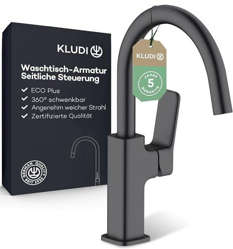 KLUDI-X3 Waschtischarmatur, 360° schwenkbar, Auslaufhöhe 180 mm, wassersparender Wasserhahn Bad Schwarz Matt Größe L, Mischbatterie Waschbecken inkl. Anschlussschläuche