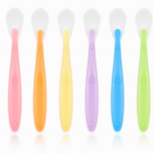 KIRZAX 6 Pezzi Cucchiaino Svezzamento, Cucchiaio morbidi silicone bambini, Cucchiaino Silicone Neonato con Manico Lungo e Punta Morbida, pappa bimbo senza BPA,per Alimentazione per Bambini 4 Mesi+