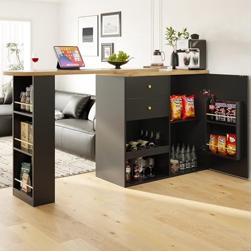 Merax 360° swivelling 3 Tier Dining Bar table, with storage cabinet with 2 Drawers, side Shelves, Extendable Table, for Kitchen, Dining Room, Living Room, Black/Main Body 105 x 39 x 102 cm