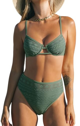 CUPSHE Women's Bikini Sets Two Piece Swimsuit High Waisted Underwire Adjustable Crisscross Straps Lace Detail, L