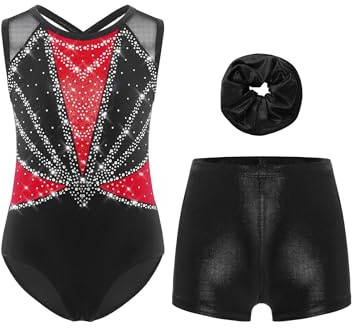 Xnihocha 3Pcs Mädchen Turnanzug Glitzer Gymnastikanzug Ärmellos Ballettanzug mit Shorts Kurze Hose und Stirnband Ballett Tanzkostüm