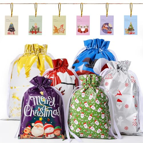 Christmas Drawstring Gift Bags, 6Pcs Xmas Wrapping Bags Assorted Sizes Large Medium Small with Tags & Ribbons, 6 Design Goody Bags Christmas Foil Gift Bags for Presents Holiday Birthday Party Gifts