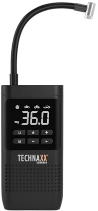 Technaxx TX-321 Digital Bilkompressor – 10 Bar, LED-display, 4000mAh Powerbank, USB-C, 4 lägen, Automatisk avstängning – Portabel Däckpump för Bil, Cykel, Boll med LED-lampa & Adaptrar