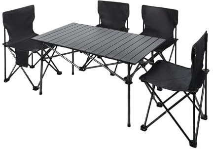 Table de Camping Pliable d'extérieur, Table Légère et Portable à Enrouler avec 4 Chaises de Camping, sac de Transport, Tables Pliantes pour Barbecue et Randonnée (4 chaises et 1 table) (noir)