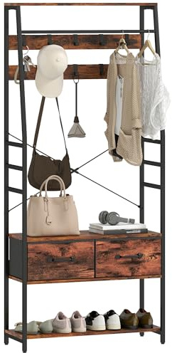 HOMCOM Coat Rack with Shoe Storage, Hall Tree, Industrial Coat Stand with Shoe Bench, 10 Removable Hooks, 2 Fabric Drawers and Clothes Rail for Entryway, Hallway, Rustic Brown