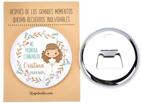 Pack de 12 Chapas abrebotellas personalizadas con imán, 58 mm, Envoltorio opcional, Detalles comunión, Detalles invitados Comunión, Detalles personalizados Comunión, Regalantes (Modelo Cristina)
