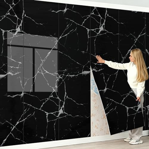 Camiraft Black Marble Wall Panels Peel and Stick,40 x 300 cm Self Adhesive Wall Panels Roll 2.3mm Thick Marble Wallpaper PVC Waterproof Foam Wallpaper for Kitchen,Living Rooms,Bedrooms TV Walls