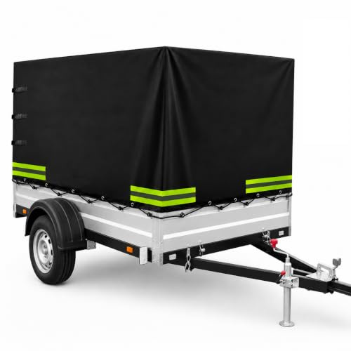 LKW-Qualität Anhängerplane Hochplane 210x114x90 cm | Allwetter PKW Anhänger Abdeckung aus 600D Oxford, Reißfeste Schutzplane Wasserdicht & UV-Beständig mit Ösen & Expanderseil