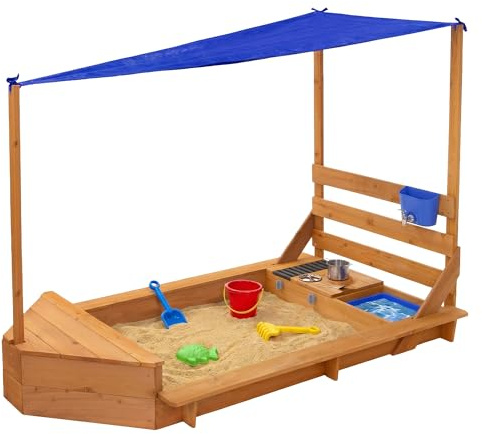 ML-Design Sandlåda med tak & lerkök, sandlåda i massivt trä, båt/skeppsdesign, utomhussandlåda med 2 bänkar & tillbehör, UV-skydd/kantskydd, trädgårdsleksak för barn, 101x163 cm