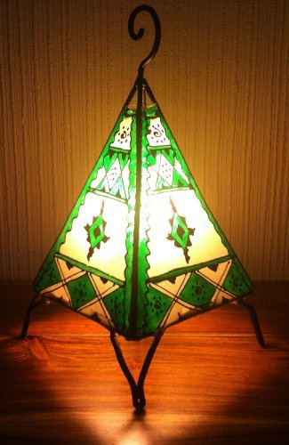 MAISON ANDALUZ Painted Moroccan Henna Table & Bedside Lamps - Pyramid 38CM - Green & Cream -