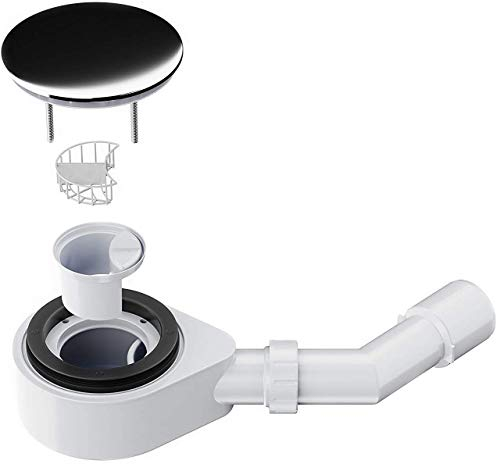 Nordona® VersoFlat extraflache Ablaufgarnitur Siphon Ablauf mit integriertem Haarsieb | Abdeckhaube in Chrom | passend zu Ø 90mm Ablaufloch der Duschwanne | inkl. Ablaufbogen DN 40/50 mm