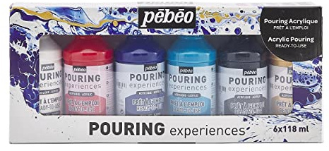 Pébéo - Set Pouring Expériences - Peinture Acrylique Pré-mélangée Prête à l'Emploi - 6 Flacons de 118ml - Blanc + Rouge + Bleu + Turquoise + Noir + Or
