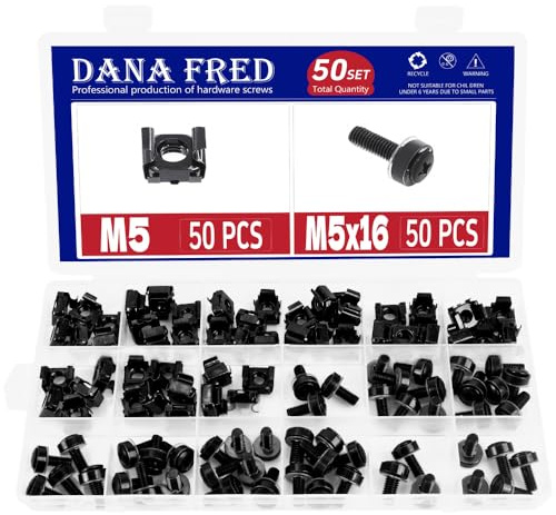 50 Sets M5 Rack Screws Cage Nuts Kit,M5X16 Cage Nut Mounting Screw Bolts Washers Metric Square Hole Hardware Assortment Kit for Rack Mount Server Shelves Cabinets 304 Stainless Steel Black